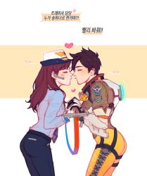 Rule 34 | 2girls, alternate costume, ass, bad id, bad pixiv id, black hair, blush, bodysuit, bomber jacket, brown hair, brown jacket, chest harness, cross-laced clothes, cross-laced legwear, cuffs, d.va (overwatch), ecila, closed eyes, female service cap, handcuffs, harness, headset, heart, holding hands, imminent kiss, interlocked fingers, jacket, korean text, leather, leather jacket, long hair, multiple girls, officer d.va, official alternate costume, orange bodysuit, overwatch, overwatch 1, police, police uniform, policewoman, tracer (overwatch), translation request, uniform, yuri