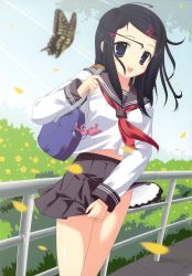 Rule 34 | 1girl, :d, absurdres, bag, black hair, blue eyes, blurry, bug, butterfly, clothes pull, depth of field, highres, bug, itou life, open mouth, railing, school uniform, skirt, skirt pull, smile, wind, wind lift