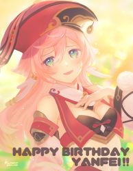 Rule 34 | 1girl, :d, absurdres, antlers, armpit crease, bare shoulders, black bra, blush, bra, breasts, character name, cleavage, commentary request, crop top, detached sleeves, genshin impact, green eyes, hair between eyes, hand on own chest, happy birthday, hat, highres, horizontal pupils, horns, kumonon (8f2k3), long hair, looking at viewer, midriff, open mouth, pink hair, red hat, revealing clothes, scales, sidelocks, signature, small breasts, smile, solo, standing, swept bangs, underwear, upper body, white sleeves, yanfei (genshin impact)