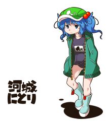 Rule 34 | 1girl, alternate costume, blue eyes, blue hair, byourou, character name, hair bobbles, hair ornament, hands in pockets, hat, jacket, kawashiro nitori, matching hair/eyes, school swimsuit, short hair, solo, swimsuit, swimsuit under clothes, touhou, twintails, two side up