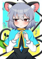 Rule 34 | 1girl, animal ears, basket, blue background, blue capelet, blush, capelet, commentary request, dowsing rod, finger to mouth, grey hair, highres, ishiki nuru, jewelry, long sleeves, looking to the side, mouse ears, mouse girl, mouse tail, nazrin, one-hour drawing challenge, pendant, red eyes, short hair, solo, tail, touhou, two-tone background, upper body, yellow background