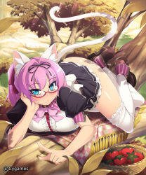 Rule 34 | 10s, 1girl, :o, animal ears, arm support, bad id, bad pixiv id, blue eyes, blush, cat ears, cat tail, character request, cheshire cat (shingeki no bahamut), cygames, glasses, head rest, in tree, looking at viewer, lying, mel/a, no panties, on stomach, pink hair, shingeki no bahamut, sitting, sitting in tree, solo, tail, thighhighs, tomato, tree, water, watermark, white thighhighs