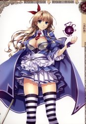 Rule 34 | 1girl, alicia (queen&#039;s blade), blue eyes, breasts, brown hair, cape, cleavage, fingerless gloves, gloves, hair ribbon, highres, holding, holding weapon, large breasts, long hair, looking at viewer, magic, misaki kurehito, necktie, non-web source, official art, pleated skirt, queen&#039;s blade, queen&#039;s blade grimoire, red necktie, ribbon, scan, short sleeves, simple background, skirt, smile, solo, sword, thighhighs, weapon, white background, zettai ryouiki