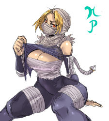 Rule 34 | 1girl, arm support, bandages, bare shoulders, blonde hair, breasts, cleavage, clothes lift, detached sleeves, image sample, large breasts, maniacpaint, mask, mouth mask, ninja, nintendo, red eyes, sarashi, sheik, shirt lift, short hair, sitting, solo, the legend of zelda, the legend of zelda: ocarina of time
