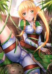 Rule 34 | 10s, 1girl, :o, bad id, bad pixiv id, blonde hair, blush, braid, choker, elf, green eyes, highres, leafa, open mouth, panties, pointy ears, ponytail, side braid, solo, striped clothes, striped panties, sword art online, swordsouls, tentacles, twin braids, twintails, underwear