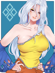 Rule 34 | 1girl, bare shoulders, breasts, collarbone, detached sleeves, dress, eyeshadow, fingernails, frills, grey hair, hands on own hips, highres, large breasts, lipstick, long fingernails, long hair, looking at viewer, makeup, messy hair, multicolored clothes, multicolored dress, no bra, red eyes, sakata nemuno, sibata maru, single strap, smile, solo, teeth, touhou