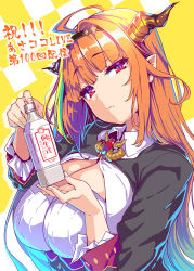 Rule 34 | 1girl, ahoge, alcohol, black jacket, blonde hair, bottle, bow, breasts, brooch, center opening, cleavage, closed mouth, collared shirt, commentary, diagonal-striped bow, dragon horns, eyelashes, hairband, head tilt, highres, holding, hololive, horn bow, horn ornament, horns, jacket, jewelry, kiryu coco, kiryu coco (1st costume), large breasts, long hair, looking at viewer, multicolored hair, orange hair, pointy ears, red eyes, shiokonbu, shirt, simple background, solo, streaked hair, two-tone hair, upper body, virtual youtuber, white shirt, wing collar, yellow background