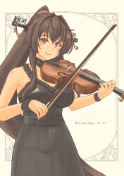 1girl absurdres black_dress bow_(music) brown_hair commentary_request cowboy_shot dress hair_intakes headgear highres holding holding_instrument instrument kantai_collection long_hair official_alternate_costume pot-de red_eyes sleeveless sleeveless_dress solo twintails violin yamato_(kancolle)