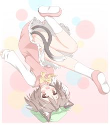 Rule 34 | 1girl, animal ears, blush, brown hair, cat ears, cat girl, cat tail, chen, earrings, fang, female focus, hat, highres, jewelry, multiple tails, shino megumi, shoes, short hair, single earring, socks, solo, tail, touhou, upside-down, white socks