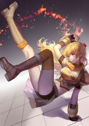 Rule 34 | 1girl, ahoge, arm support, ask (askzy), blonde hair, boots, breasts, cleavage, fingerless gloves, gauntlets, gloves, handstand, long legs, medium breasts, midriff, navel, one arm handstand, purple eyes, rwby, solo, yang xiao long, yellow eyes