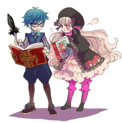 Rule 34 | 10s, 1boy, 1girl, alice (fate), book, fate/extra, fate/extra ccc, fate/grand order, fate (series), glasses, hans christian andersen (fate), hat, long hair, md5 mismatch, mob cap, nair (mindcreator), nursery rhyme (fate), nursery rhyme (fate/grand order), pout, quill, resized, resolution mismatch, ribbon, source larger