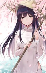 Rule 34 | 1girl, black eyes, black hair, blush, branch, breasts, brown eyes, cherry blossoms, closed mouth, dress, flower, haru (nakajou-28), hat, highres, holding, long hair, long sleeves, looking at viewer, medium breasts, original, outdoors, pants, petals, pink flower, ribbon, rice hat, see-through, side slit, smile, solo, standing, vietnamese clothes, vietnamese dress, water, white dress