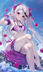 Rule 34 | 1girl, arm garter, bare legs, barefoot, bikini, blush, bow, breasts, bridal garter, closed mouth, crossed legs, emanon123, fang, fang out, fingernails, frilled bikini, frills, frown, hair bow, halterneck, highres, jewelry, long hair, looking at viewer, nail polish, overlord (maruyama), pink nails, purple bow, red eyes, shalltear bloodfallen, sharp fingernails, sitting, small breasts, soaking feet, solo, striped, striped bow, swimsuit, toe ring, toenail polish, toenails, very long hair, water, white bikini, white hair, wrist cuffs