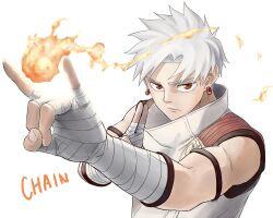 Rule 34 | 1boy, \n/, arm strap, chain (hokazono takeru), copyright name, earrings, fire, grey hair, grey jacket, highres, hokazono takeru, jacket, jewelry, kuji-in, light frown, looking at viewer, male focus, portrait, red eyes, short hair, sleeveless, sleeveless jacket, solo, v-shaped eyebrows, white background