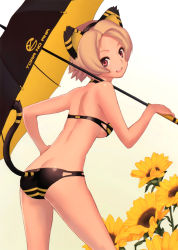 Rule 34 | 1girl, absurdres, animal ears, ass, bare shoulders, bikini, black bikini, blonde hair, breasts, butt crack, fake animal ears, flower, hairband, hand on own hip, highres, hip focus, leaning forward, looking at viewer, looking back, nagi ryou, original, parted bangs, red eyes, short hair, sideboob, small breasts, smile, solo, sunflower, swimsuit, tail, tiger ears, tiger tail, umbrella