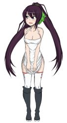 Rule 34 | 10s, 1girl, apron, blue eyes, boots, breasts, cleavage, drawfag, embarrassed, hair ribbon, highres, infinite stratos, kekekeke, knee boots, large breasts, long hair, naked apron, nearly naked apron, purple hair, ribbon, shinonono houki, solo, split ponytail, thighhighs, twintails, white thighhighs
