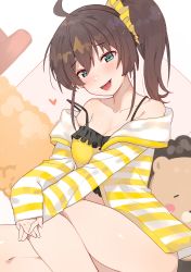 Rule 34 | 1girl, absurdres, ahoge, alternate breast size, bare shoulders, blush, breasts, brown hair, collarbone, commentary, ebi frion (matsuri channel), green eyes, hair between eyes, hair ornament, hair scrunchie, heart, highres, hololive, jacket, large breasts, legs, lingerie, long hair, long sleeves, looking at viewer, natsuiro matsuri, natsuiro matsuri (matsuri&#039;s day off), off shoulder, open mouth, scrunchie, side ponytail, sitting, smile, solo, striped clothes, striped jacket, stuffed animal, stuffed toy, thighs, tonarikeru, underwear, virtual youtuber