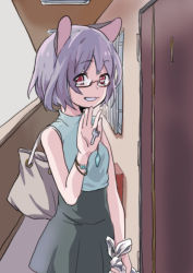 Rule 34 | 1girl, adapted costume, animal ears, bad id, bad pixiv id, bare shoulders, bespectacled, blue shirt, contemporary, door, dress, glasses, grey dress, grey hair, grin, looking at viewer, mouse ears, nazrin, pov, red eyes, semi-rimless eyewear, shirt, short hair, sleeveless, sleeveless shirt, smile, solo, touhou, toujou (toujou ramen)