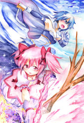 Rule 34 | 10s, 2girls, armband, armpits, bad id, bad pixiv id, blue eyes, blue hair, bow, bow (weapon), cape, fighting stance, gloves, hair bow, hair over one eye, kaname madoka, kurose kousuke, magical girl, mahou shoujo madoka magica, mahou shoujo madoka magica (anime), miki sayaka, multiple girls, open mouth, pink eyes, pink hair, short hair, short twintails, soul gem, sword, traditional media, twintails, watercolor pencil (medium), weapon