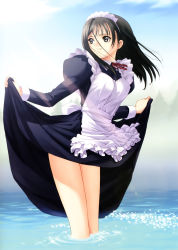 Rule 34 | 00s, 1girl, absurdres, apron, black eyes, black hair, clothes lift, dress, dress lift, female focus, genmukan, hair between eyes, highres, long hair, maid, maid apron, outdoors, sky, solo, sparkle, standing, tony taka, wading, watase nozomi, water