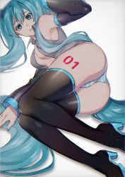 Rule 34 | 1girl, arm support, arm up, ass, bare shoulders, black footwear, blue eyes, blue hair, blue nails, boots, breasts, cameltoe, collared shirt, detached sleeves, dot nose, expressionless, eyelashes, fingernails, full body, furrowed brow, grey background, grey shirt, hair between eyes, hatsune miku, high collar, high heel boots, high heels, ikura (user uuyj7743), knees together feet apart, large breasts, leg tattoo, light particles, long hair, lying, nail polish, no bra, no pants, number tattoo, on floor, on side, open clothes, open shirt, panties, parted lips, shadow, shiny skin, shirt, simple background, skindentation, sleeveless, sleeveless shirt, solo, striped clothes, striped panties, tattoo, thick thighs, thigh boots, thighhighs, thighs, twintails, underwear, very long hair, vocaloid, white panties