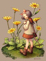 Rule 34 | 1girl, animal ears, boots, brown footwear, commentary request, flower, from behind, full body, grey background, grey hair, holding, holding flower, kiitos, leaf, long sleeves, looking at viewer, looking back, mini person, minigirl, mouse ears, mouse girl, mouse tail, open mouth, original, short hair, smile, solo, tail, yellow flower