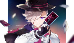Rule 34 | 1boy, azna, black gloves, card, detached sleeves, facial mark, genshin impact, gloves, grey hair, hair over one eye, hat, highres, holding, holding card, looking at viewer, lyney (genshin impact), male focus, purple eyes, simple background, solo, teardrop facial mark, top hat, twitter username, upper body, white gloves