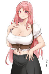 Rule 34 | 1girl, absurdres, black skirt, breasts, character request, cleavage, collarbone, commission, copyright request, corset, cowboy shot, crop top, hand up, highres, large breasts, long hair, looking at viewer, midriff, navel, pinepin, pink hair, puffy short sleeves, puffy sleeves, red eyes, shirt, short sleeves, simple background, skirt, smile, solo, standing, very long hair, white background, white shirt