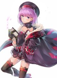 Rule 34 | 1girl, bare shoulders, belt, black coat, black dress, black headwear, black thighhighs, blush, book, breasts, coat, detached collar, dress, fate/grand order, fate (series), fur-trimmed coat, fur trim, helena blavatsky (fate), helena blavatsky (third ascension) (fate), holding, holding book, long sleeves, looking at viewer, open clothes, open coat, purple eyes, purple hair, short dress, short hair, simple background, small breasts, smile, solo, sumisu (mondo), thighhighs, thighs, white background