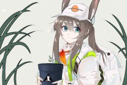 Rule 34 | 1girl, amiya (arknights), amiya (planter) (arknights), animal ear fluff, animal ears, arknights, backpack, bag, baseball cap, blue eyes, brown hair, closed mouth, commentary request, ears through headwear, flower pot, grey background, hair between eyes, hat, highres, jacket, long hair, long sleeves, looking at viewer, official alternate costume, plant, ponytail, potted plant, rabbit ears, rhodes island logo (arknights), sidelocks, simple background, sleeves past wrists, smile, solo, upper body, white hat, white jacket