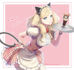 Rule 34 | 1girl, alternate costume, animal ears, apron, aqua eyes, blonde hair, breasts, cat, cat day, cat ears, cat paw, cat tail, closed mouth, cowboy shot, dated, dress, ear piercing, fake animal ears, food, framed breasts, frilled dress, frills, hand on own hip, ice cream, leaning forward, lipstick, long hair, looking at viewer, makeup, medium breasts, narrow waist, persona, persona 5, piercing, pink background, puffy short sleeves, puffy sleeves, short dress, short sleeves, simple background, smile, solo, spoon, striped clothes, striped dress, sundae, swept bangs, tail, takamaki anne, thighhighs, tray, twintails, twitter username, waist apron, white thighhighs, wrist cuffs, yoruno mahiru, zettai ryouiki
