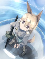 Rule 34 | 1girl, animal ears, black pantyhose, blonde hair, boots, day, eila ilmatar juutilainen, fisheye, fox ears, fox tail, from above, highres, hizakozouzu, holding, holding weapon, looking at viewer, looking up, military, military uniform, pantyhose, purple eyes, sky, solo, standing, strike witches, tail, uniform, weapon, world witches series