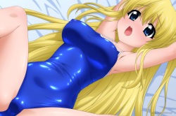 Rule 34 | 1girl, absurdres, armpits, arms up, bed, blonde hair, blue eyes, blue one-piece swimsuit, breasts, collarbone, competition school swimsuit, cowboy shot, embarrassed, from above, hair between eyes, highres, indoors, large breasts, long hair, lying, narrow waist, one-piece swimsuit, open mouth, original, round teeth, school swimsuit, shiny clothes, skin tight, solo, spread legs, sugimura tomokazu, swimsuit, teeth, upper teeth only, very long hair, watermark, web address, wide-eyed