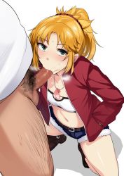 Rule 34 | 1boy, 1girl, belt, blonde hair, blouse, bottomless, braid, censored, condom, denim, fate/grand order, fate (series), fellatio, hand in pocket, hetero, jacket, midriff, mordred (fate), mordred (fate/apocrypha), mordred (memories at trifas) (fate), mosaic censoring, multiple condoms, oral, parted bangs, penis, red jacket, shirt, short shorts, shorts, simple background, squatting, stray pubic hair, used condom, wakamesan, white background, white shirt