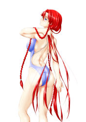 Rule 34 | 1girl, ass, back, blue eyes, blush, braid, competition swimsuit, female focus, highres, hong meiling, long hair, niwatazumi, no headwear, one-piece swimsuit, red hair, simple background, smile, solo, swimsuit, touhou, twin braids, very long hair, white background