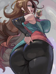 Rule 34 | 1girl, android 21, ass, ass focus, bare shoulders, breasts, brown hair, clothes lift, come hither, deep skin, dragon ball, dragon ball fighterz, dragonball z, dress, dress lift, from behind, from below, glasses, green eyes, huge ass, kazo (kazozakazo), large breasts, long hair, looking at viewer, looking down, naughty face, open mouth, pantyhose, short dress, sideboob, smile, solo, thick thighs, thighs, very long hair