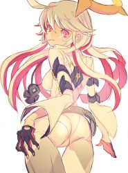 Rule 34 | 1girl, ass, belt, belt buckle, black gloves, bodysuit, buckle, spiked halo, gloves, guilty gear, guilty gear xrd, halo, jack-o&#039; valentine, jewelry, long hair, looking at viewer, multicolored hair, red eyes, red hair, white bodysuit, white hair, yohane shimizu