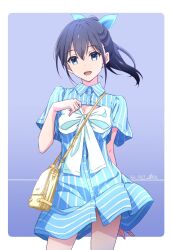 Rule 34 | 1girl, artist name, black hair, blue background, blue dress, blue eyes, border, commentary request, dated, dress, hair ornament, highres, legs, looking at viewer, nii manabu, original, ponytail, short sleeves, smile, solo, white border