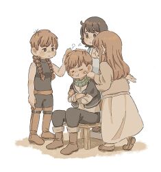 1boy 3girls belt black_hair black_pants black_shirt body_freckles boots braid brown_footwear brown_hair chair cheek_poking chilchuck_tims closed_eyes dungeon_meshi family father_and_daughter freckles fullertom_(dungeon_meshi) green_scarf halfling headpat highres knee_boots large_ears layered_sleeves long_braid long_hair long_skirt long_sleeves low_twin_braids mayjack_(dungeon_meshi) medium_hair moku_(itmne26) multiple_girls neck_warmer packpatty_(dungeon_meshi) pants parent_and_child poking scarf shirt shoes short_over_long_sleeves short_sleeves simple_background skirt sleeveless sweat twin_braids white_shirt wooden_chair