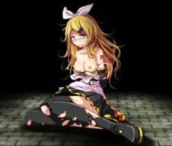 Rule 34 | 1girl, arms behind back, bdsm, black skirt, black thighhighs, blonde hair, blue eyes, blush, bondage, boots, bound, breasts, breasts out, female focus, future style (module), hair ornament, hairclip, kagamine rin, long hair, messy hair, nipples, number tattoo, platform footwear, project diva (series), skirt, small breasts, solo, tattoo, thigh boots, thighhighs, torn clothes, torn thighhighs, tsukishiro saika, vocaloid