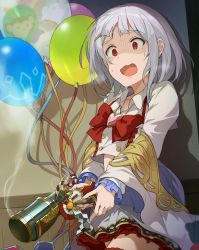 Rule 34 | 1girl, balloon, bow, bowtie, brooch, commentary request, granblue fantasy, gun, hair between eyes, heart, heart brooch, hinami (hinatamizu), holding, holding gun, holding weapon, indoors, jewelry, layered skirt, long sleeves, looking at viewer, medium hair, open mouth, red bow, red bowtie, red eyes, scared, shirt, silver hair, skirt, smoke, smoking gun, solo, sweatdrop, vikala (granblue fantasy), wall, weapon, white shirt, white skirt