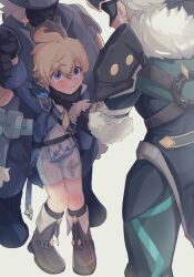 Rule 34 | 3boys, ahoge, arm guards, blonde hair, blue eyes, blue jacket, bound, bound wrists, captured, child, commentary request, genshin impact, gloves, hair between eyes, hands on another&#039;s neck, jacket, looking at another, male focus, mika (genshin impact), multiple boys, necktie, short hair, sonutin, standing, tears, teeth, yellow necktie