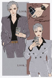 Rule 34 | 1boy, adam&#039;s apple, aegyo sal, artist name, belt, black sclera, black shirt, bottle, brown belt, character name, collarbone, collared shirt, colored sclera, copyright name, cropped legs, cursive, disembodied hand, dress shirt, fashion, film grain, formal, grey-framed eyewear, grey suit, hagiko15, hand in pocket, highres, jojo no kimyou na bouken, lolita fashion, looking at phone, male focus, open collar, perfume bottle, phone, pink lips, popped collar, red eyes, risotto nero, shirt, shirt tucked in, short hair, suit, twitter username, veins, veiny hands, vento aureo, watch, wristwatch