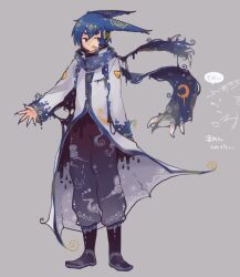 Rule 34 | 1boy, 1girl, :3, @ @, animal ears, bat boy, bat ears, black footwear, blue eyes, blue hair, boots, caitromen, claws, coat, commentary request, crescent, crescent moon, fingernails, full body, headset, highres, kaito (vocaloid), long coat, looking to the side, markings, moon, original, outstretched hand, pants, scarf, sharp fingernails, translation request, vocaloid, voicevox, white coat, zundamon