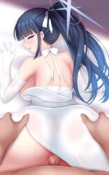 Rule 34 | animated, blue archive, blue eyes, blue hair, clothed sex, dress, gloves, indoors, interior, long glove, long hair, mumu (mumunyan), penis, pussy, saori (blue archive), sex, tagme, vaginal, video, white dress