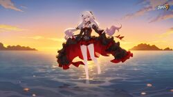 Rule 34 | 1girl, bare legs, barefoot, beach, black dress, black headwear, black sleeves, chinese commentary, cloud, cloudy sky, day, detached sleeves, dress, earrings, flower, full body, hair between eyes, highres, honkai (series), honkai impact 3rd, jewelry, logo, long hair, looking at viewer, theresa apocalypse (luna kindred), ocean, official art, official wallpaper, open mouth, red eyes, red flower, red rose, rose, sand, sky, solo, standing, sunrise, theresa apocalypse, theresa apocalypse (lunar vow: crimson love), wading, water