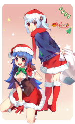 Rule 34 | 2016, 2girls, absurdres, bili girl 22, bili girl 33, bilibili, blue hair, blush, boots, bow, breasts, christmas, cleavage, gloves, green bow, hair ornament, hat, highres, knee boots, long hair, looking at viewer, looking back, medium breasts, merry christmas, multiple girls, open mouth, parted lips, red eyes, red footwear, red gloves, red hat, red scarf, red skirt, sack, santa hat, scarf, seiza, short hair, short ponytail, side ponytail, sitting, skirt, smile, standing, v, xiaoyu