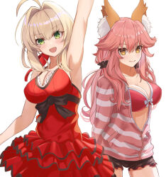 Rule 34 | 2girls, ahoge, animal ear fluff, animal ears, arm up, arms behind back, black bow, black scrunchie, blonde hair, bow, bra, breasts, cleavage, closed mouth, collarbone, commentary request, dress, fate/extella, fate/extra, fate/extra ccc, fate/grand order, fate (series), fox ears, fox girl, frilled dress, frills, green eyes, hair intakes, hair ornament, hair ribbon, hair scrunchie, highres, hood, hoodie, large breasts, long hair, long sleeves, looking at viewer, multiple girls, neko daruma, nero claudius (fate), nero claudius (fate) (all), nero claudius (modern costume of crimson) (fate), official alternate costume, open mouth, pink bra, pink hair, red dress, red ribbon, ribbon, scrunchie, short dress, short hair, simple background, sleeveless, sleeveless dress, smile, striped clothes, striped hoodie, tamamo (fate), tamamo no mae (fate/extra), tamamo no mae (spring casual) (fate), twintails, underwear, white background, yellow eyes, zipper