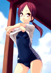 Rule 34 | 1girl, absurdres, clothes lift, glasses, highres, long hair, no pants, norizou type-r, one-piece swimsuit, original, red eyes, red hair, school swimsuit, shirt lift, solo, swimsuit, swimsuit under clothes, twintails, undressing, wet, wet clothes