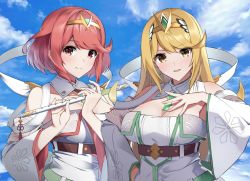 Rule 34 | 2girls, agnus female off-seer uniform, alternate costume, bare shoulders, blonde hair, breasts, chest jewel, cleavage, cosplay, detached collar, detached sleeves, flute, highres, holding, holding instrument, instrument, large breasts, long hair, multiple girls, mythra (xenoblade), patterned, patterned clothing, pyra (xenoblade), red eyes, red hair, ribbon, short hair, swept bangs, tsumugi 1210, very long hair, xenoblade chronicles (series), xenoblade chronicles 2, xenoblade chronicles 3, yellow eyes